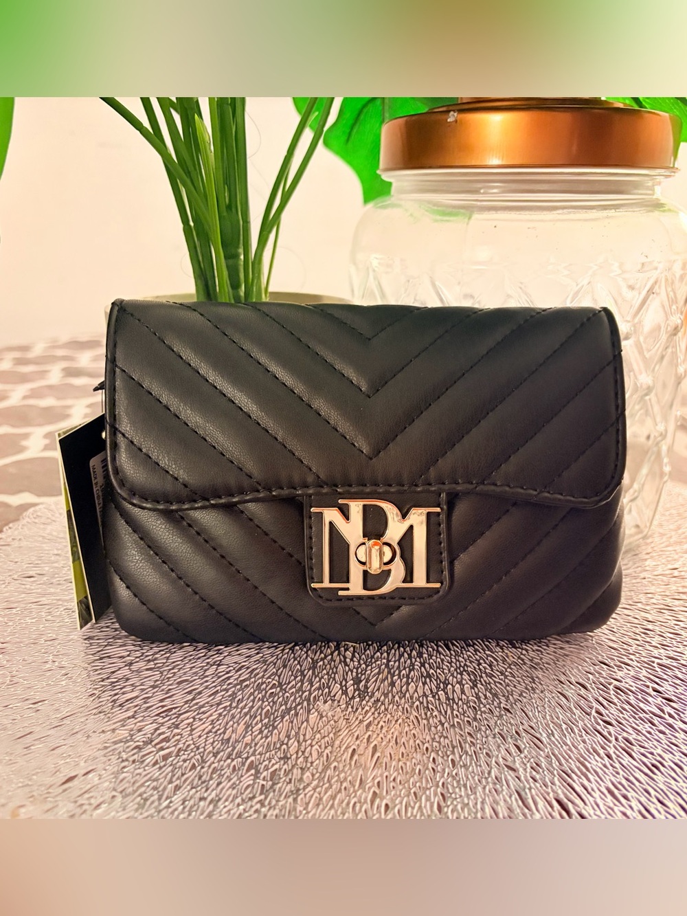 Badgley Mischka Black Quilted Phone Crossbody Bag Chain Strap NWT